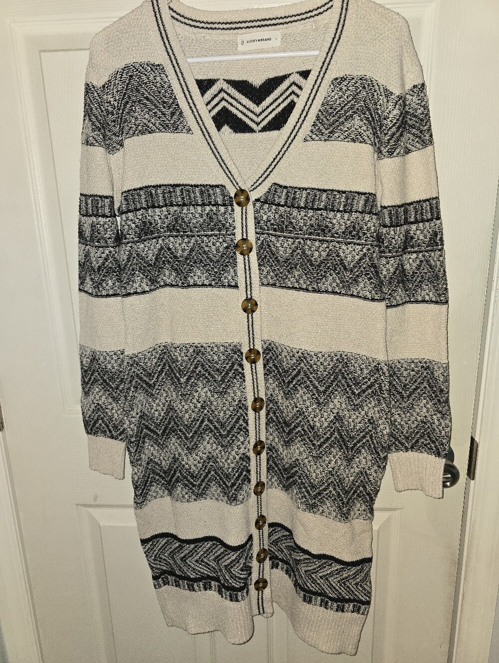 Lucky Brand Cream and Black Striped Chevron Button-Front Cardigan